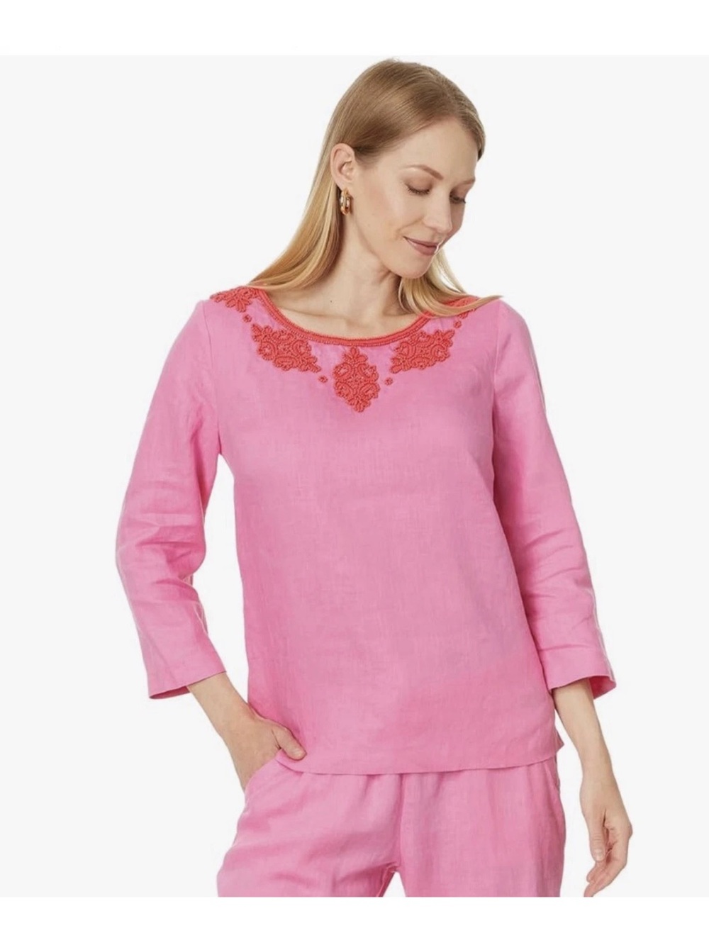 Lilly Pulitzer Elyn Tunic Blouse Pink 100% Linen Beaded 3/4 Sleeve Size 12 NEW